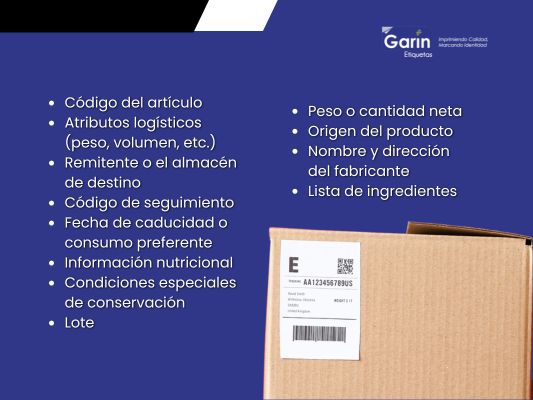  Imagen en fondo azul con una lista de los elementos que debe de llevar a cabo una etiqueta logística con una caja a la derecha de cartón que tiene etiqueta logística.